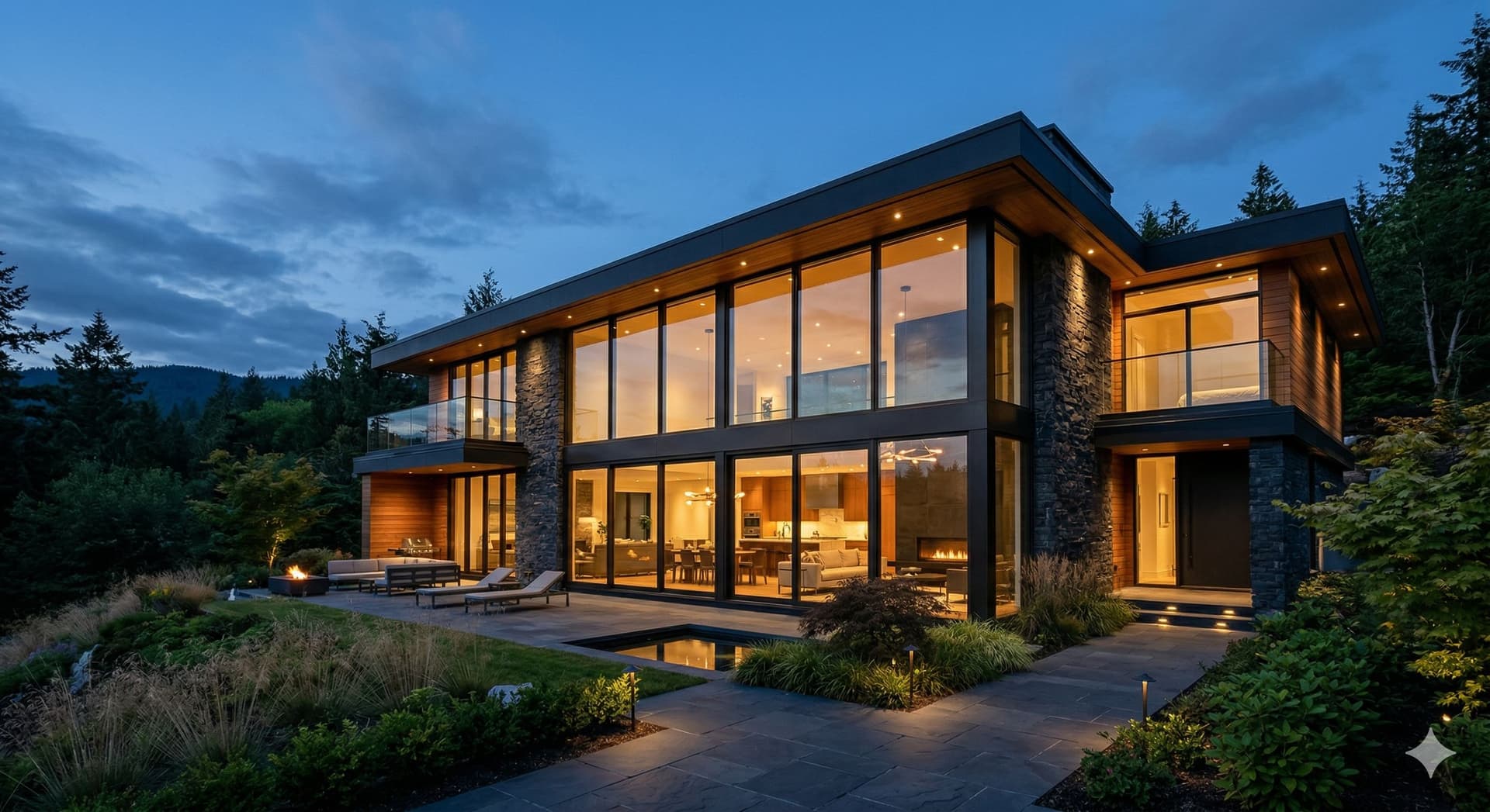 Contemporary architecture with expansive glazing and warm interiors at dusk