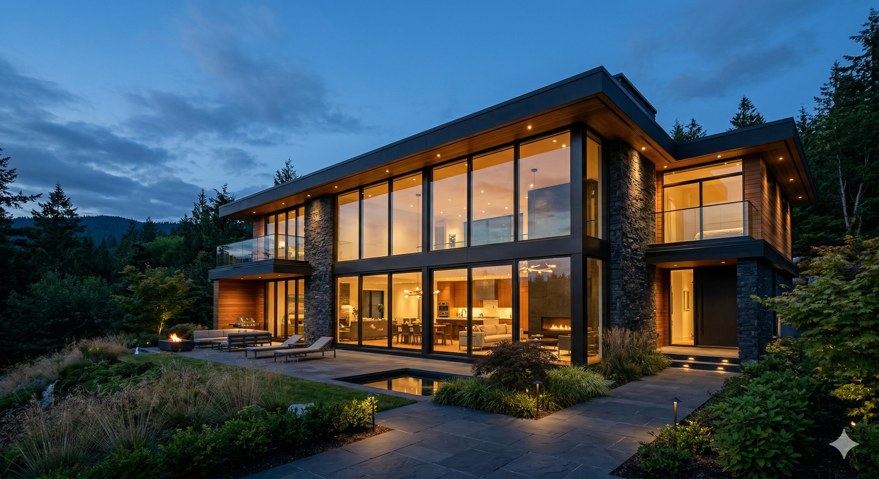 Luxury custom home at dusk with floor-to-ceiling European windows
