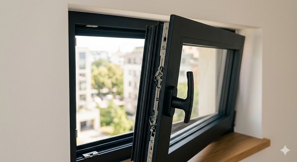 Annotated close-up of a European tilt-turn window in tilt position showing the multi-point locking hardware, concealed hinges, triple gasket seal, and thermally broken aluminum profile cross-section