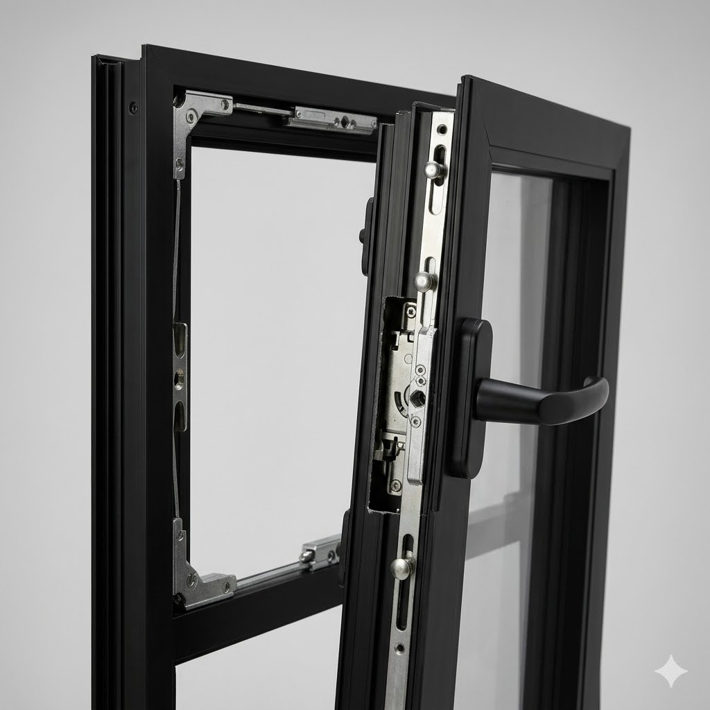 Exploded diagram of a tilt-and-turn espagnolette system showing the continuous locking bar, mushroom-head cams at each corner and mid-rail, strike plates on the frame, gear box behind the handle, and arrows indicating the direction of locking force at each point