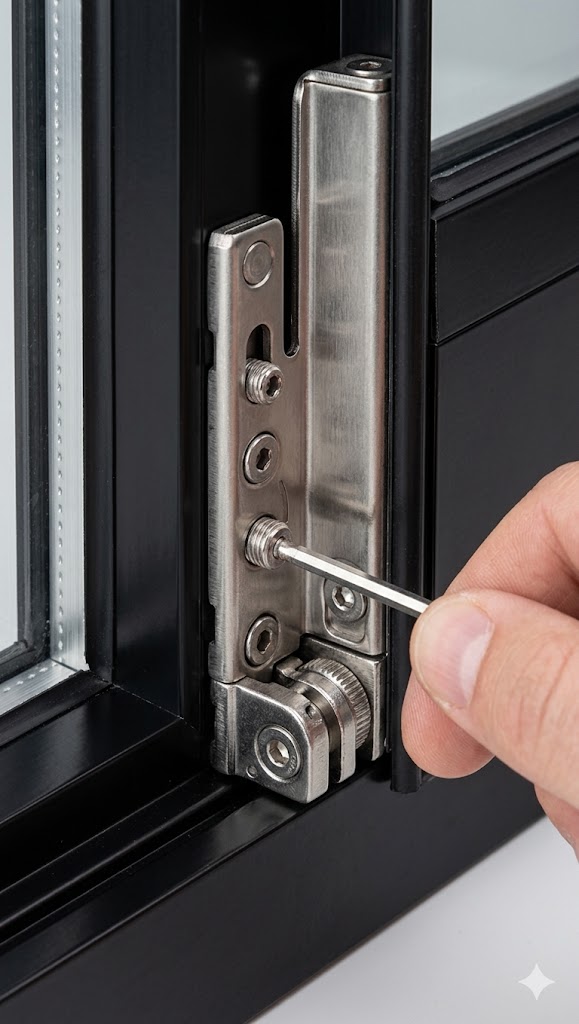 Close-up photo of a tilt-and-turn window corner hinge showing the three adjustment screws - one for vertical height, one for lateral position, one for compression depth - with directional arrows and labels for each adjustment axis