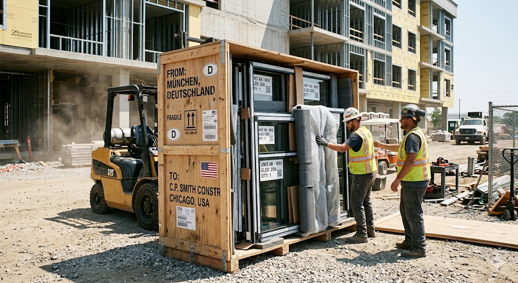 European window shipping crate being unloaded at a U.S. warehouse as part of a DDP delivery