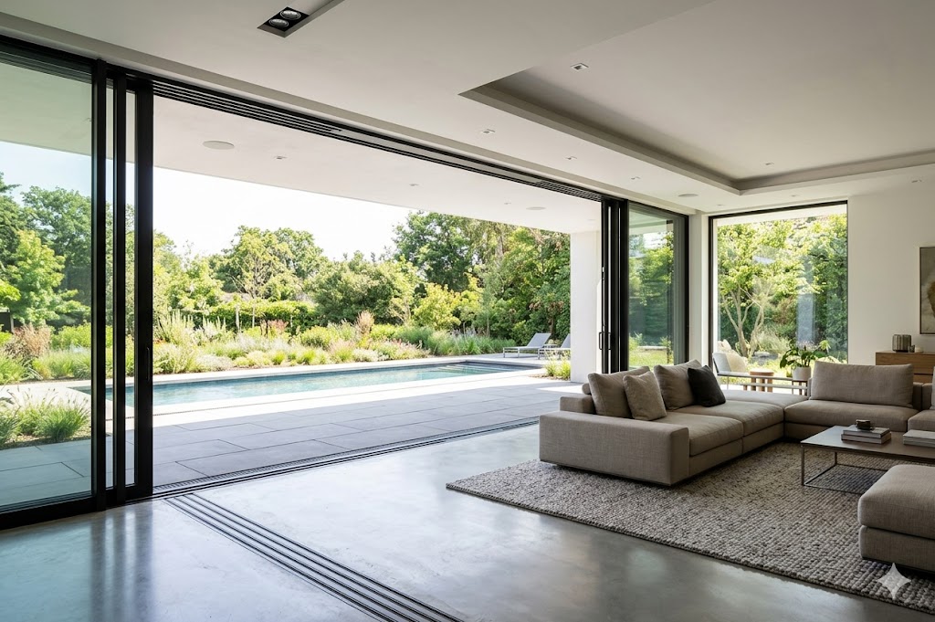 Large lift-and-slide glass doors in a luxury interior, fully open to connect indoor and outdoor living spaces
