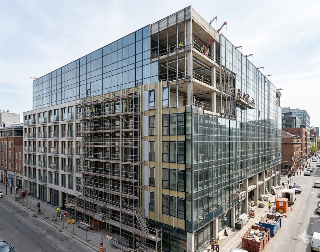 Elevation rendering of a typical office-to-residential bay conversion showing steel-look aluminum tilt-turn windows, terrace door, and fixed panels in a 6-foot grid