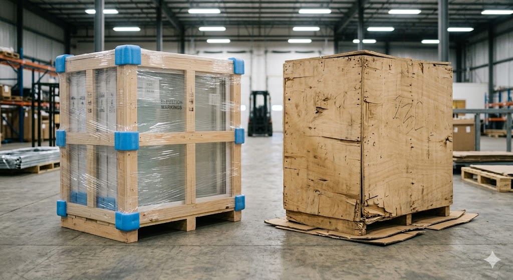 Side-by-side photo comparison showing well-packaged European window crate with labeled units, protective foam, and elevation markings on the left versus a poorly packaged import crate with minimal protection and no labeling system on the right
