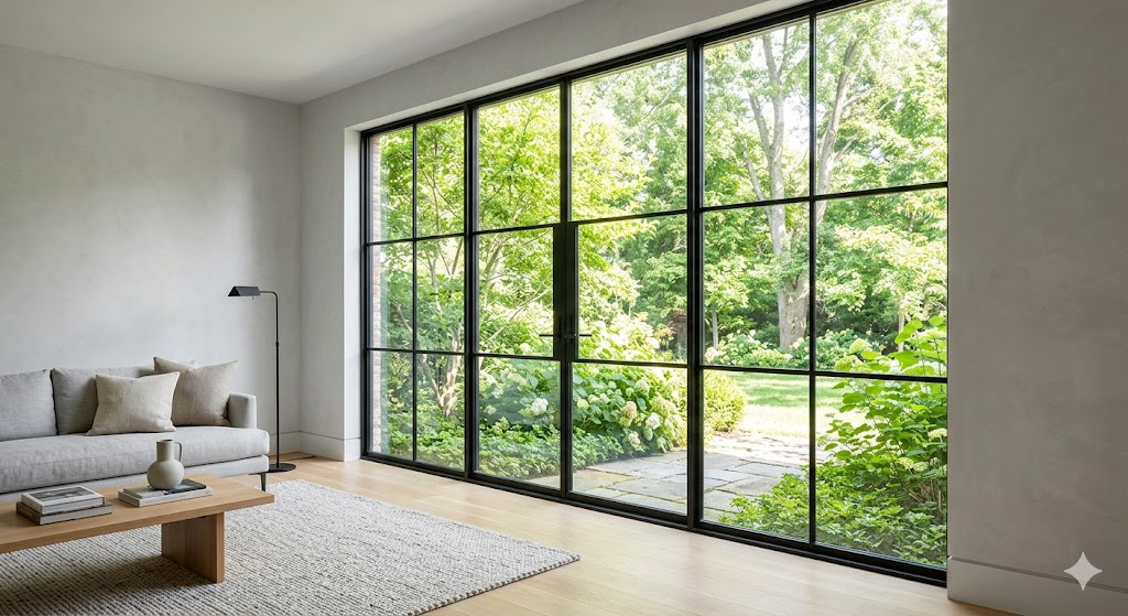 Modern interior with slim-frame steel-look aluminum windows allowing maximum natural light