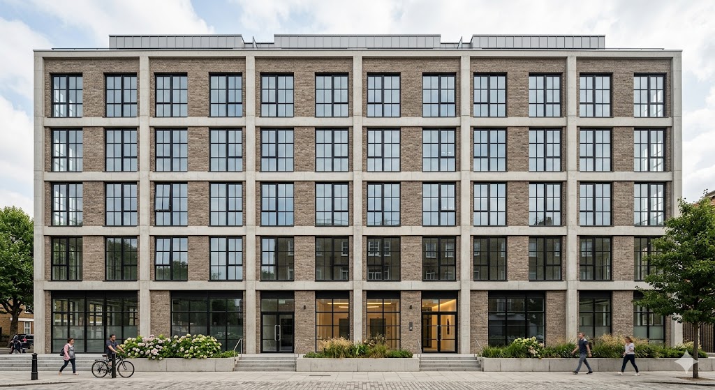 Modern building facade with steel-look aluminum windows