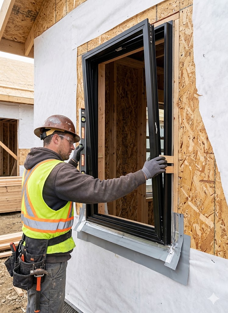Annotated installation cross-section showing a tilt-and-turn window mounted in a wood-frame wall with OSB sheathing, depicting the sill pan, weather-resistive barrier integration, shim points, bracket anchoring, and interior trim line